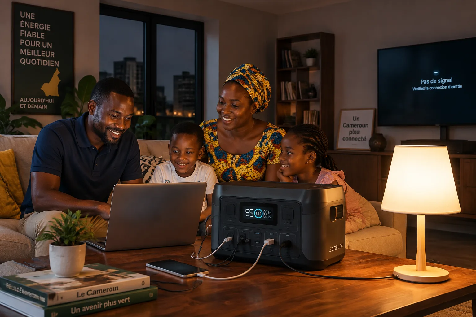 Station d'énergie portable EcoFlow utilisée par une famille camerounaise comme alimentation de secours.