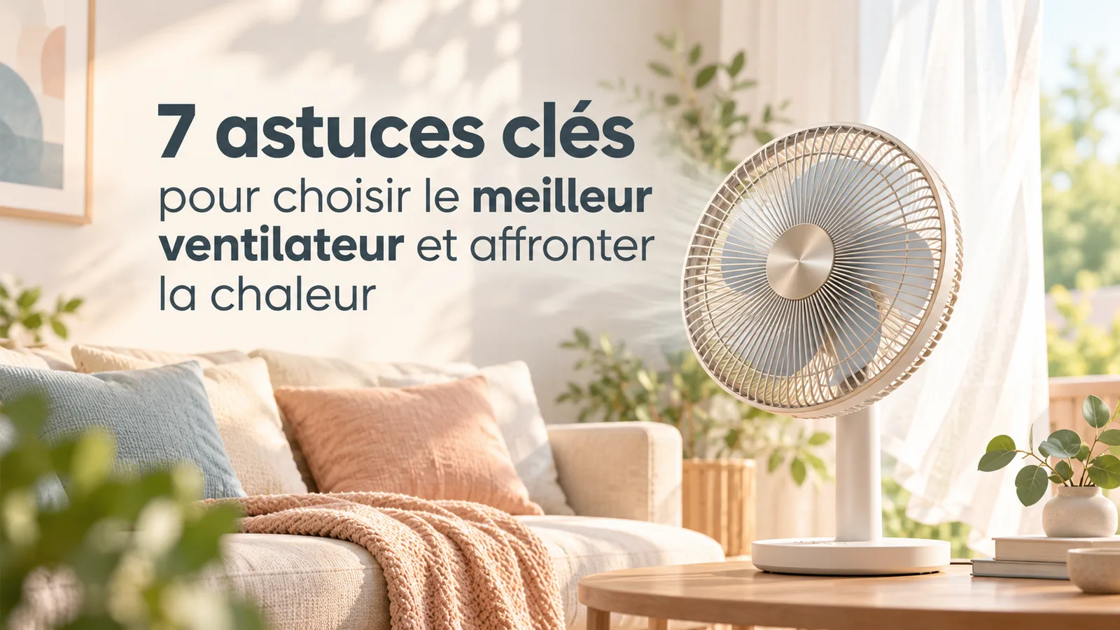 Ventilateur moderne dans un salon lumineux aux tons pastel pour illustrer 7 astuces clés afin de choisir le meilleur ventilateur et mieux supporter la chaleur.